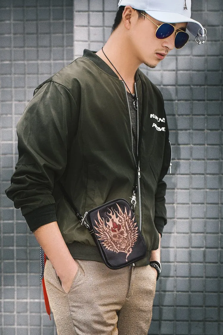 Cool Leather Mens Skull Biker Belt Pouch Waist Bag Side Bag Shoulder Bag for Men