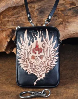 Cool Leather Mens Skull Biker Belt Pouch Waist Bag Side Bag Shoulder Bag for Men