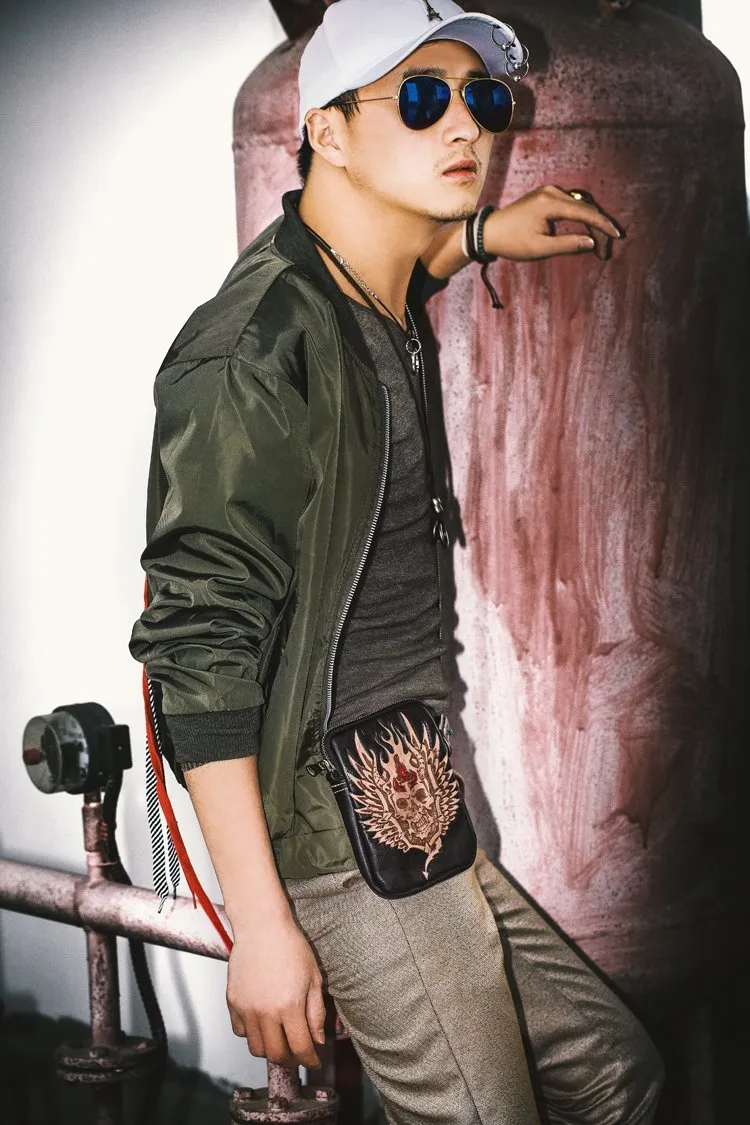 Cool Leather Mens Skull Biker Belt Pouch Waist Bag Side Bag Shoulder Bag for Men