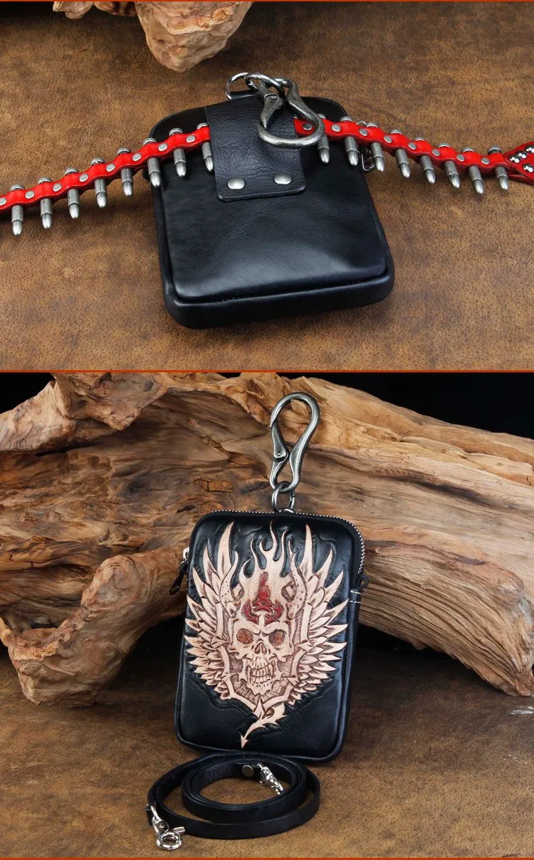 Cool Leather Mens Skull Biker Belt Pouch Waist Bag Side Bag Shoulder Bag for Men