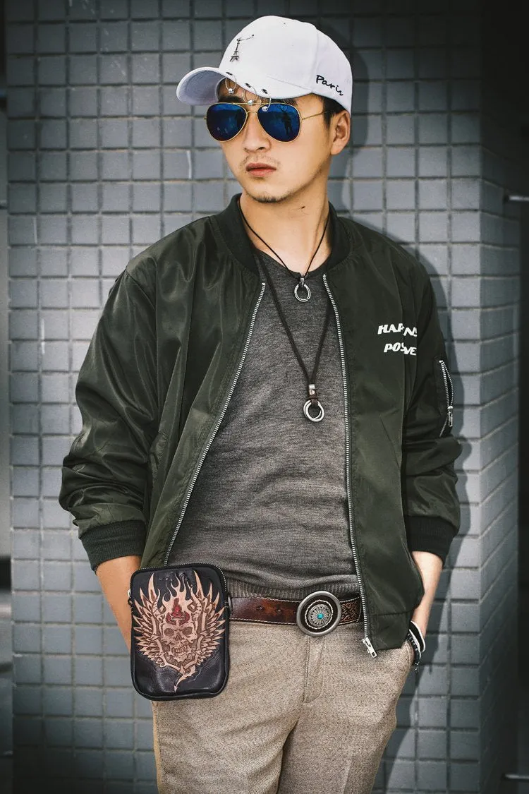 Cool Leather Mens Skull Biker Belt Pouch Waist Bag Side Bag Shoulder Bag for Men