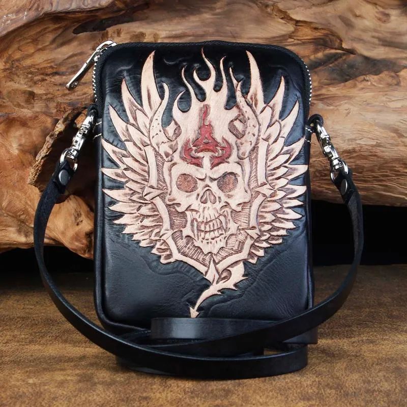 Cool Leather Mens Skull Biker Belt Pouch Waist Bag Side Bag Shoulder Bag for Men