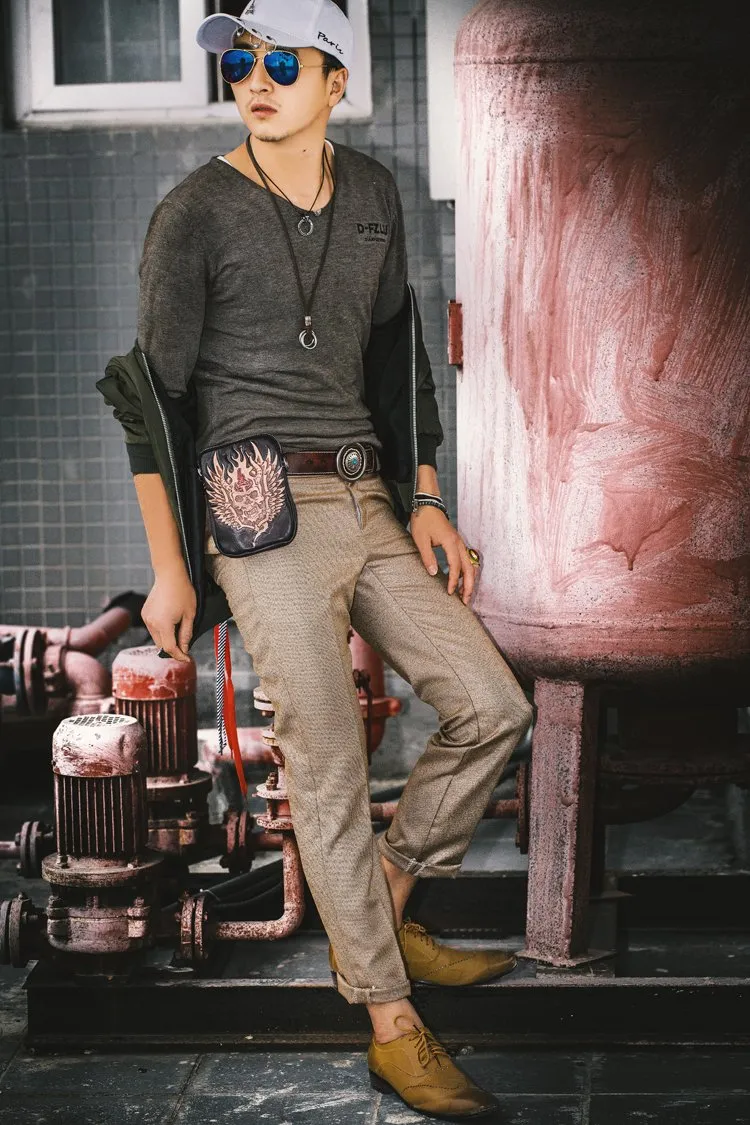 Cool Leather Mens Skull Biker Belt Pouch Waist Bag Side Bag Shoulder Bag for Men