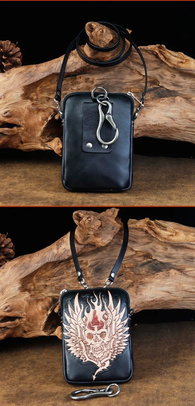 Cool Leather Mens Skull Biker Belt Pouch Waist Bag Side Bag Shoulder Bag for Men