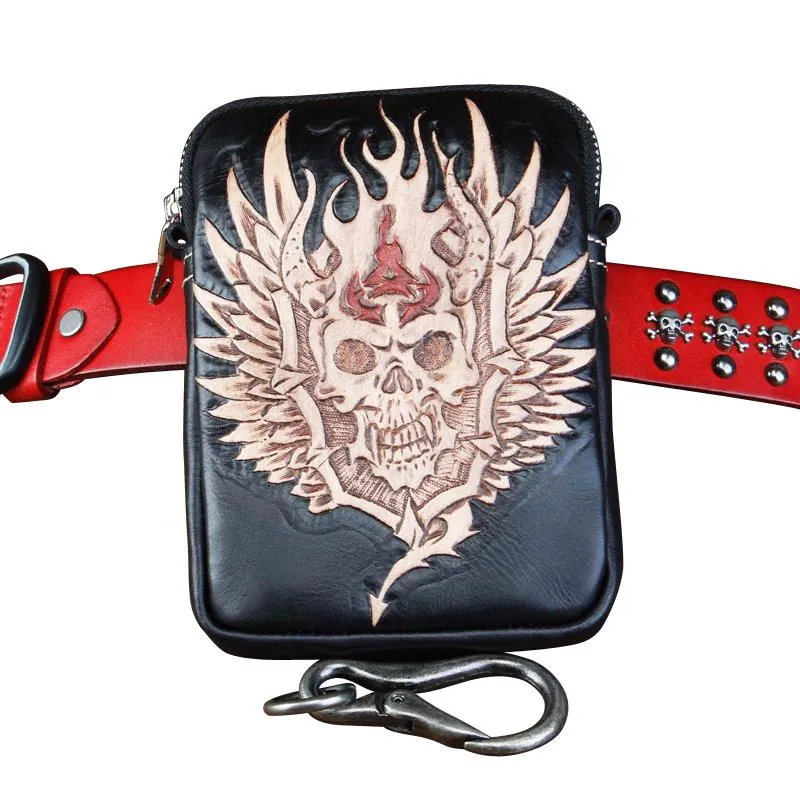 Cool Leather Mens Skull Biker Belt Pouch Waist Bag Side Bag Shoulder Bag for Men