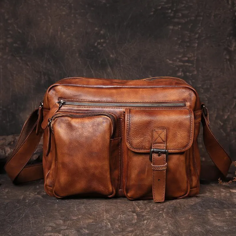 Cool Mens Brown Leather Messenger Bag Coffee Side Shoulder Bag Courier Bag Postman Bag for Men