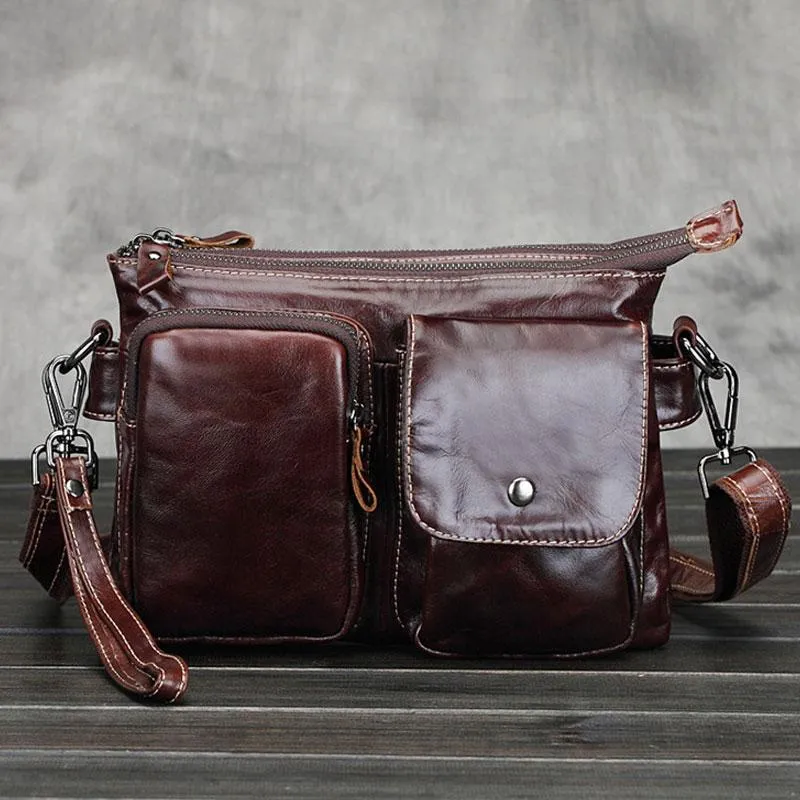 Cool Small Coffee Leather Mens Messenger Bag Shoulder Bag for Men