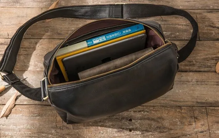 Cool Small Leather Black Mens Messenger Bags Shoulder Bags  for Men