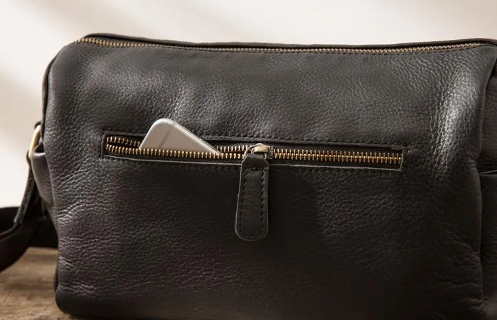 Cool Small Leather Black Mens Messenger Bags Shoulder Bags  for Men