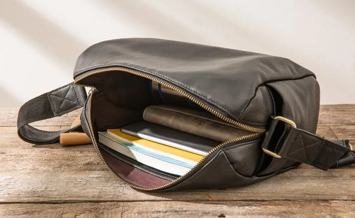 Cool Small Leather Black Mens Messenger Bags Shoulder Bags  for Men