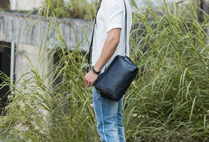 Cool Small Leather Black Mens Messenger Bags Shoulder Bags  for Men