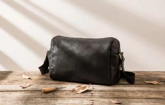 Cool Small Leather Black Mens Messenger Bags Shoulder Bags  for Men