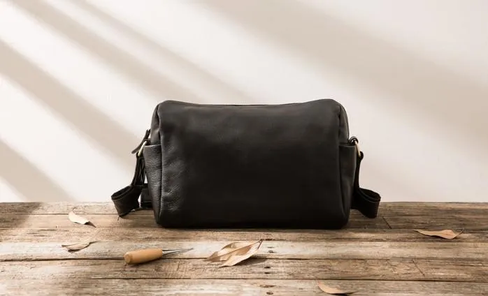 Cool Small Leather Black Mens Messenger Bags Shoulder Bags  for Men