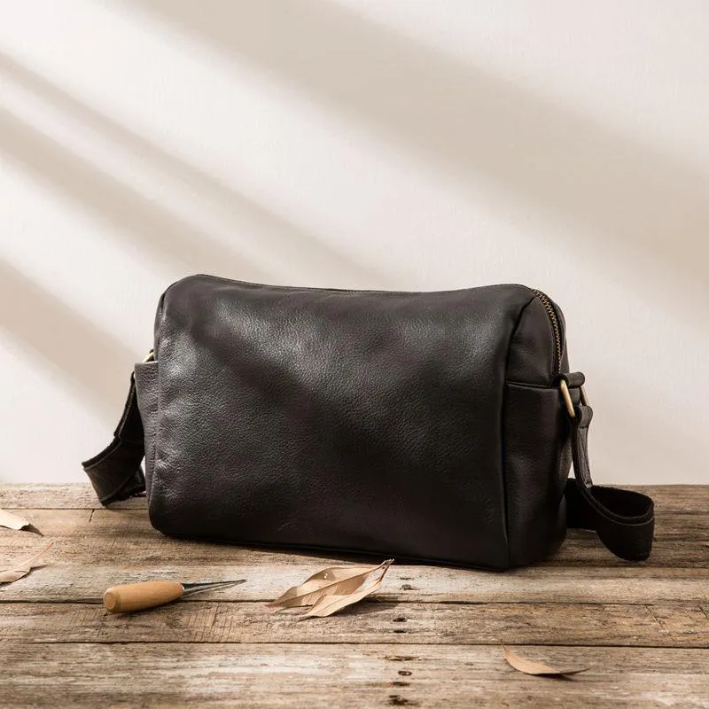 Cool Small Leather Black Mens Messenger Bags Shoulder Bags  for Men
