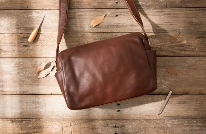 Cool Small Leather Black Mens Messenger Bags Shoulder Bags  for Men