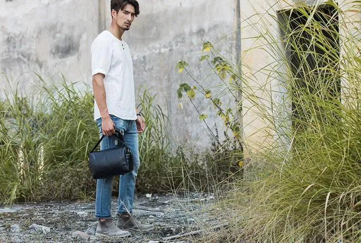 Cool Small Leather Black Mens Messenger Bags Shoulder Bags  for Men