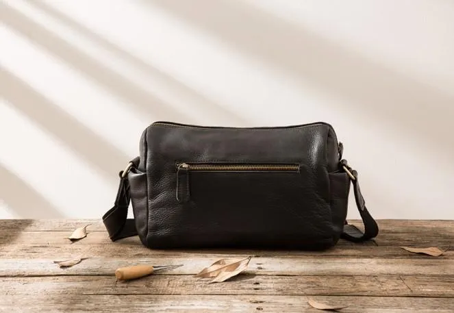 Cool Small Leather Black Mens Messenger Bags Shoulder Bags  for Men