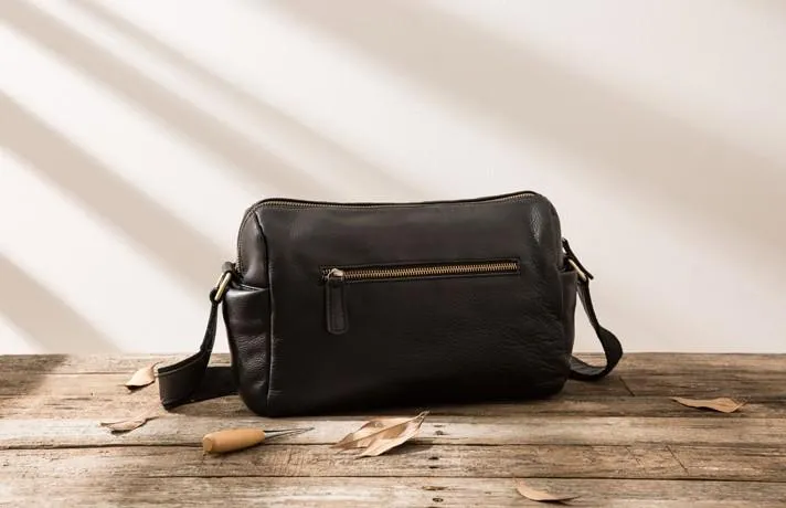 Cool Small Leather Black Mens Messenger Bags Shoulder Bags  for Men