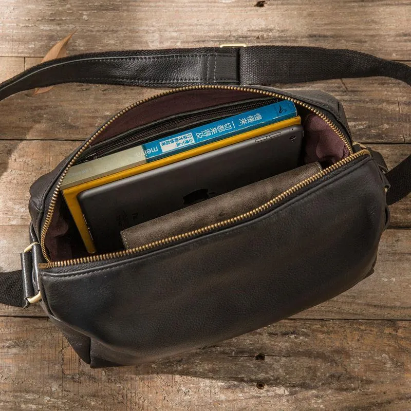 Cool Small Leather Black Mens Messenger Bags Shoulder Bags  for Men
