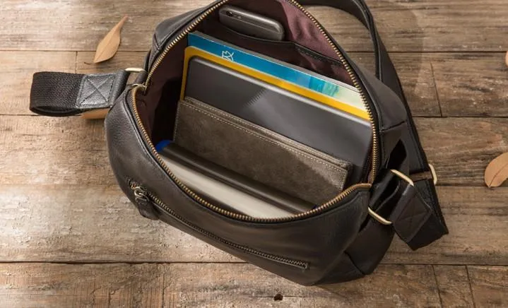Cool Small Leather Black Mens Messenger Bags Shoulder Bags  for Men