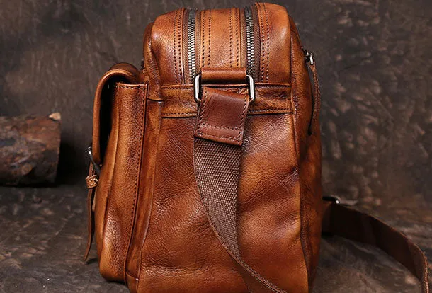 Cool Small Leather Mens Messenger Bag Brown Courier Bag Side Bag Postman Bag for men