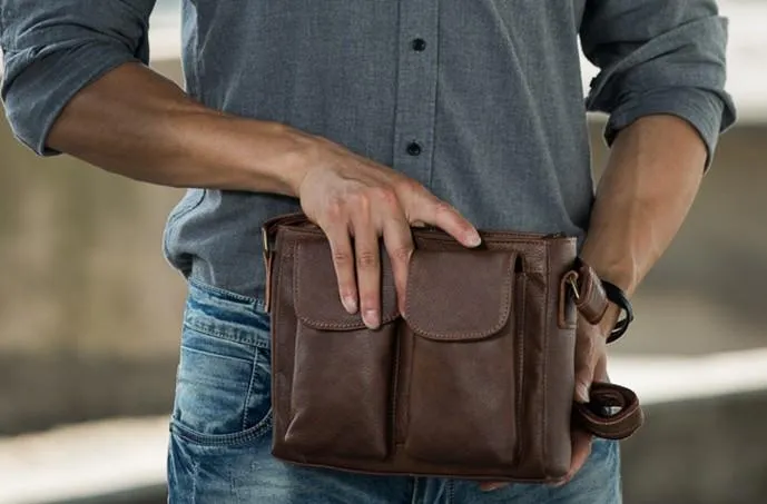 Cool Small Leather Vintage Mens Messenger Bag Shoulder Bags  for Men