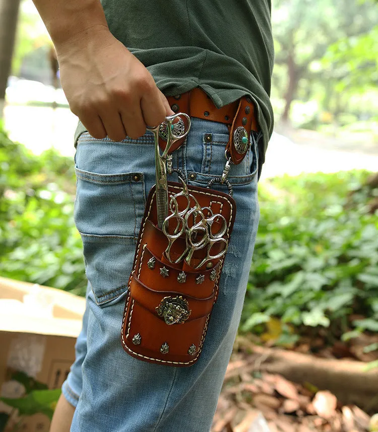 Cool Tan Leather Mens Hairstylist Tool case Barber pouch Scissors Cases Waist Fanny Bag for Men