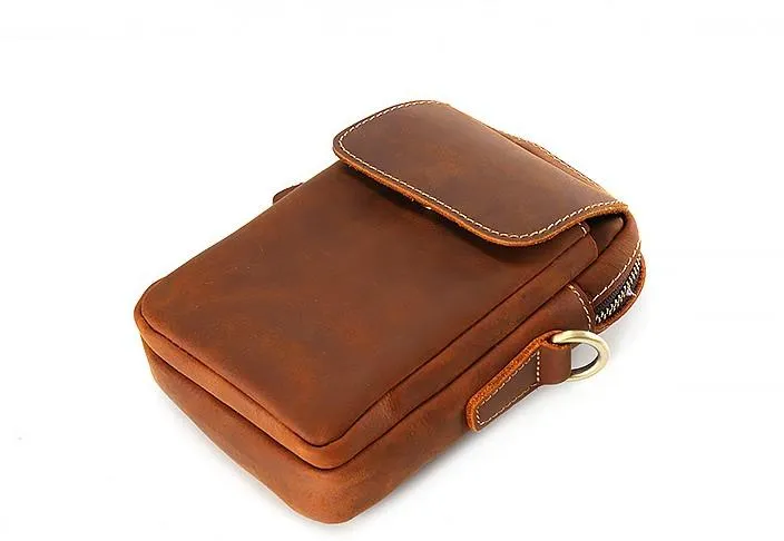Cool Vintage Dark Brown Leather Mens Belt Pouch Small Side Bag Messenger Bag For Men