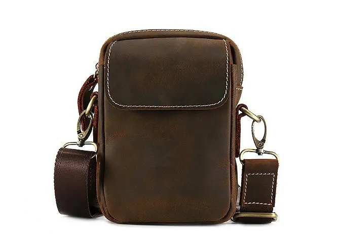Cool Vintage Dark Brown Leather Mens Belt Pouch Small Side Bag Messenger Bag For Men