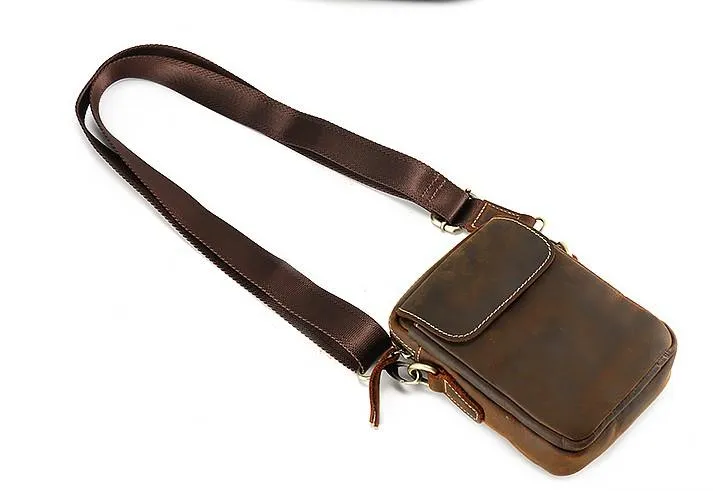 Cool Vintage Dark Brown Leather Mens Belt Pouch Small Side Bag Messenger Bag For Men
