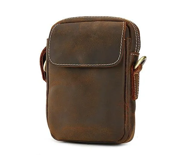 Cool Vintage Dark Brown Leather Mens Belt Pouch Small Side Bag Messenger Bag For Men