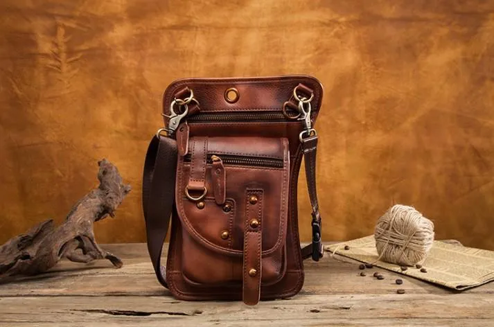 Cool Vintage Leather Mens Belt Pouch Waist Bag Drop Leg Bag Mini Shoulder Bag For Men
