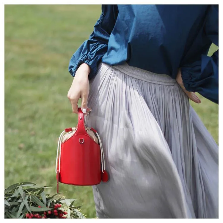 Cute Red Womens Leather Small Bucket Handbag  Black Small Barrel Shoulder Purse for Ladies