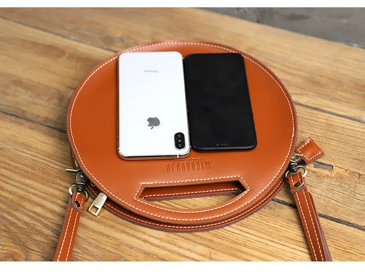 Cute Round LEATHER Handbag White WOMEN Circle SHOULDER BAG Small Crossbody Purse FOR WOMEN