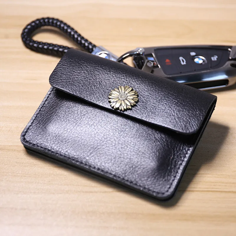 Cute Women Black Leather Mini Card Wallet Sunflower Coin Wallets Slim Change Wallets For Women
