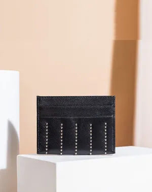 Cute Women Black Sheepskin Card Holder Slim Card Wallet Card Holder with Rivets Credit Card Holder For Women