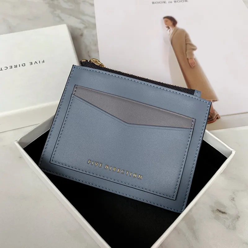 Cute Women Black Vegan Leather Card Holders Slim KeyChain Card Wallet Zip Change Wallet For Women