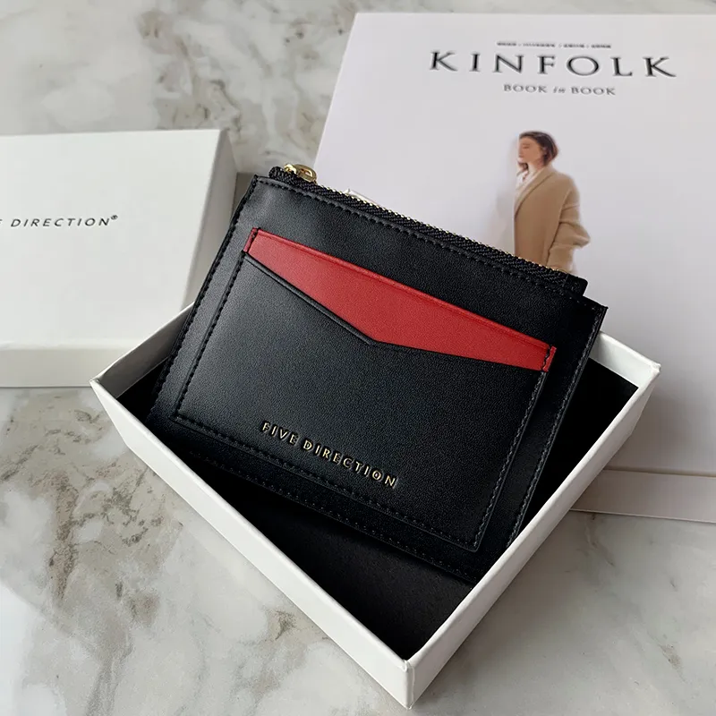 Cute Women Black Vegan Leather Card Holders Slim KeyChain Card Wallet Zip Change Wallet For Women