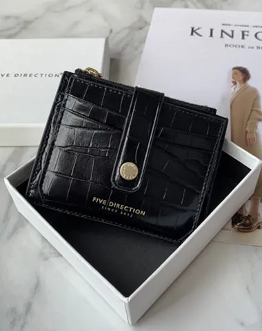 Cute Women Black Vegan Leather Small Card Holder Crocodile Pattern Card Wallets Slim Card Holders Credit Card Holder For Women