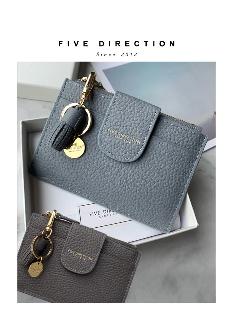 Cute Women Dark Blue Leather Slim Keychain with Card Wallet Card Holder Wallet Change Wallet For Women