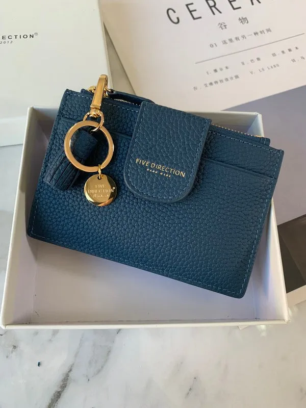 Cute Women Dark Blue Leather Slim Keychain with Card Wallet Card Holder Wallet Change Wallet For Women