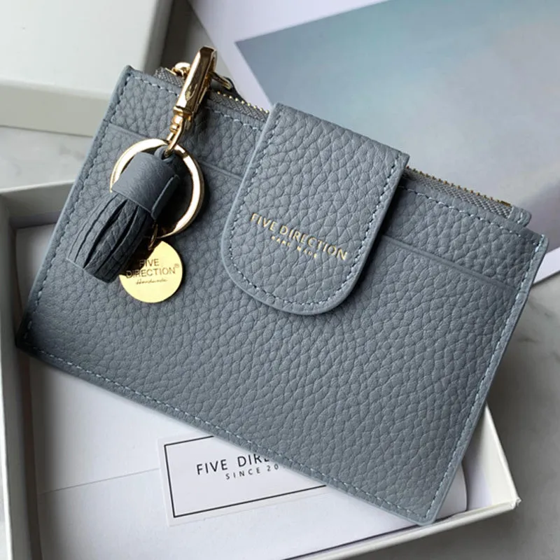 Cute Women Dark Blue Leather Slim Keychain with Card Wallet Card Holder Wallet Change Wallet For Women
