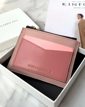Cute Women Dark Pink Vegan Leather Card Holders Slim KeyChain Card Wallet Zip Change Wallet For Women
