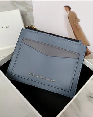 Cute Women Gray Blue Vegan Leather Card Holders Slim KeyChain Card Wallet Zip Change Wallet For Women