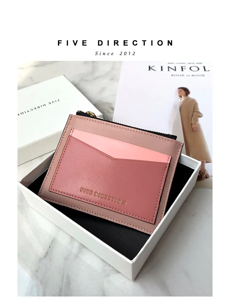 Cute Women Gray Blue Vegan Leather Card Holders Slim KeyChain Card Wallet Zip Change Wallet For Women