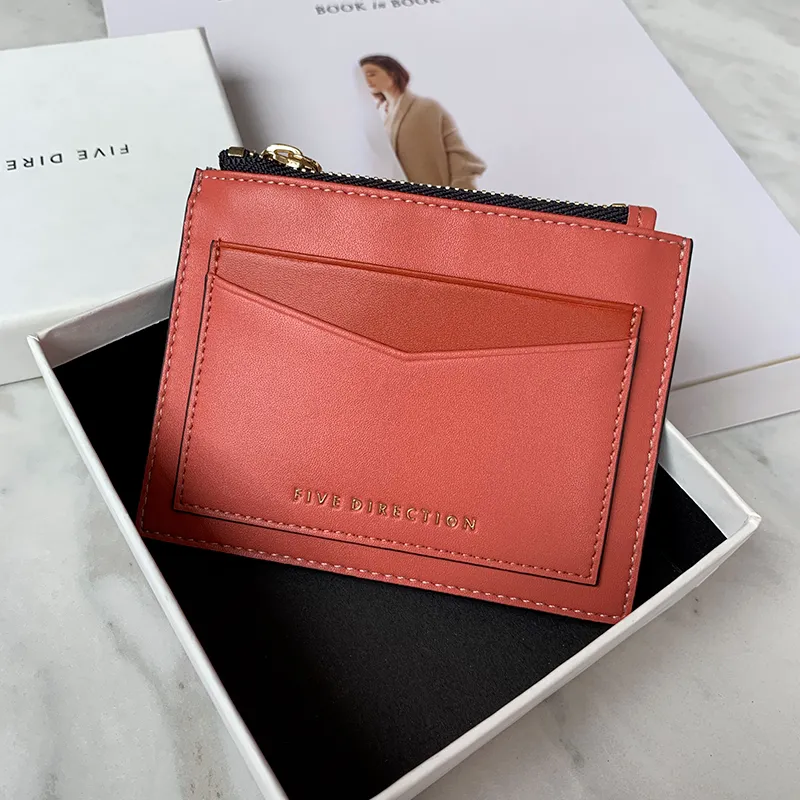 Cute Women Gray Blue Vegan Leather Card Holders Slim KeyChain Card Wallet Zip Change Wallet For Women