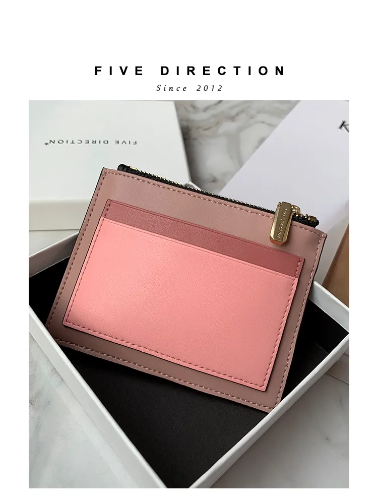 Cute Women Gray Blue Vegan Leather Card Holders Slim KeyChain Card Wallet Zip Change Wallet For Women