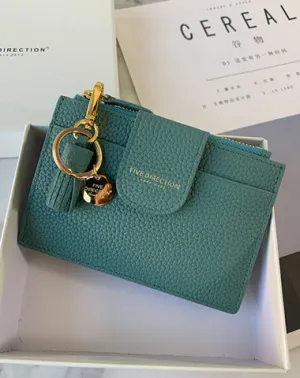Cute Women Green Leather Slim Keychain with Card Wallet Card Holder Wallet Change Wallet For Women