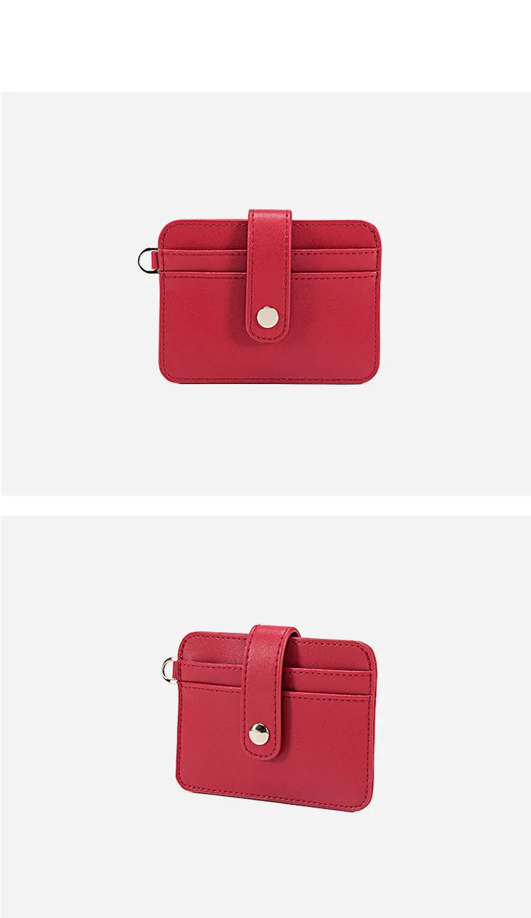 Cute Women Red Leather Card Holder Slim Card Wallet Slim Card Holder with Keychain Ring Credit Card Holder For Women