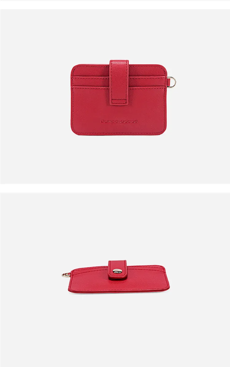 Cute Women Red Leather Card Holder Slim Card Wallet Slim Card Holder with Keychain Ring Credit Card Holder For Women